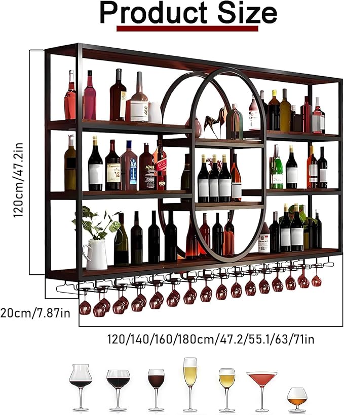 71IN Large Wall Mount Wine Rack, Metal 4 Tier Hanging Bottle Holder with Wine Glass Storage Racks, Modern Floating Wine Shelves for Home Bar Dining Room Decoration(Black)
