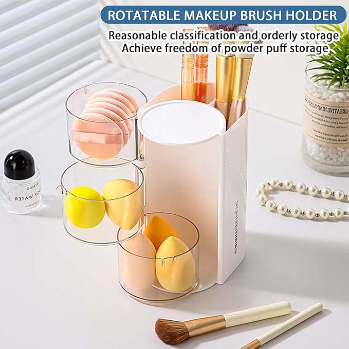 Hair Accessories Organizer with Hair Brush Holder, Rotatable Makeup Brush Holder for Necklaces, Earring, Bracelet, Ring, Makeup Brushes, Hair Clip and Hair Accessories (White, 3-Layer)