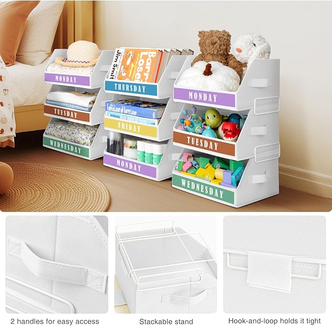Closet Organizers and Storage - 5 Tier Shelf Organizer with Weekly Labels, Stackable Storage Bins with Metal Frame, Foldable Cube Bins, Home Baskets for Kids and Adults, White