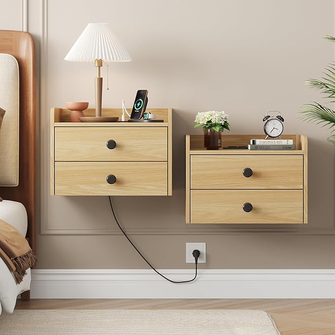 Floating Nightstand Set of 2 with 2 Storage Drawers and Charging Station Wood Wall Mounted Bedside End Table Modern Night Stands Set 2 for Bedroom,Small Space,Natural