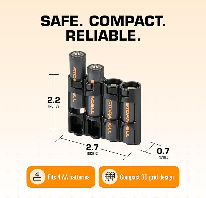 AA Battery Storage Caddy by Storacell, Black, Holds 4 Batteries (Not included)