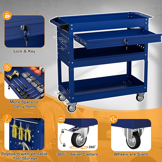 3 Tier Tool Cart on Wheels with Drawers - Three Tier Rolling Cart with Lockable Storage - Mechanic Tool Chest - Tool Chest with Wheels Used in Garage, Indoors, Workshop (Blue)
