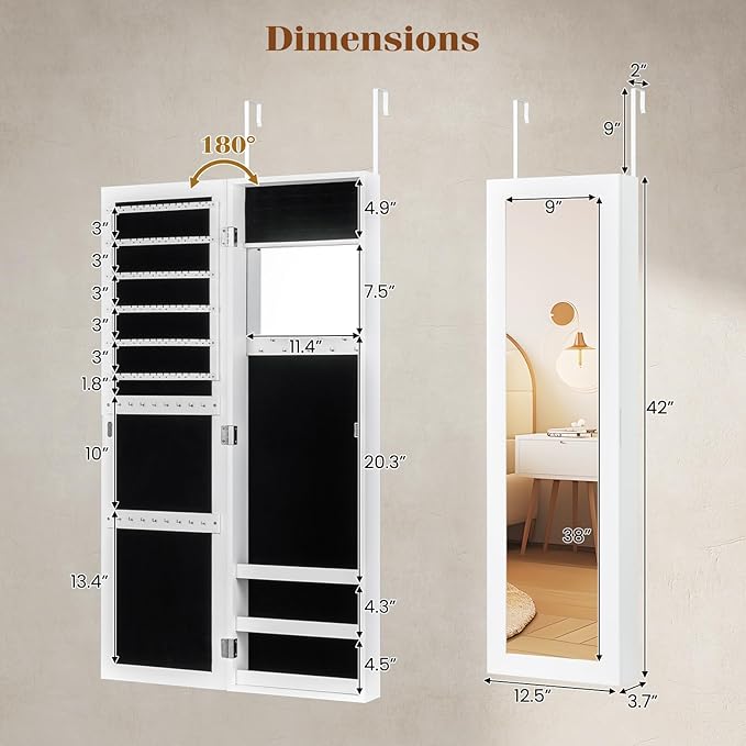 Giantex Wall Mounted Jewelry Cabinet with Full Length Mirror, Over The Door Jewelry Armoire Organizer with Large Storage, Makeup Mirror & Velvet Lining (White)