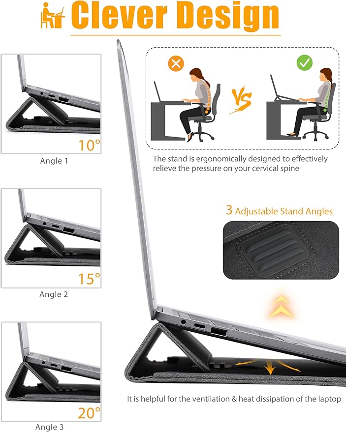 HYZUO 13 Inch Laptop Sleeve with Adjustable Stand for MacBook Air 13 M4 M3 M2 M1 2025-2018, MacBook Pro 13 M2 M1 2025-2016, Surface Pro, iPad Pro/Air 13 M4 M3 M2, XPS 13, with Pouch, Space Gray