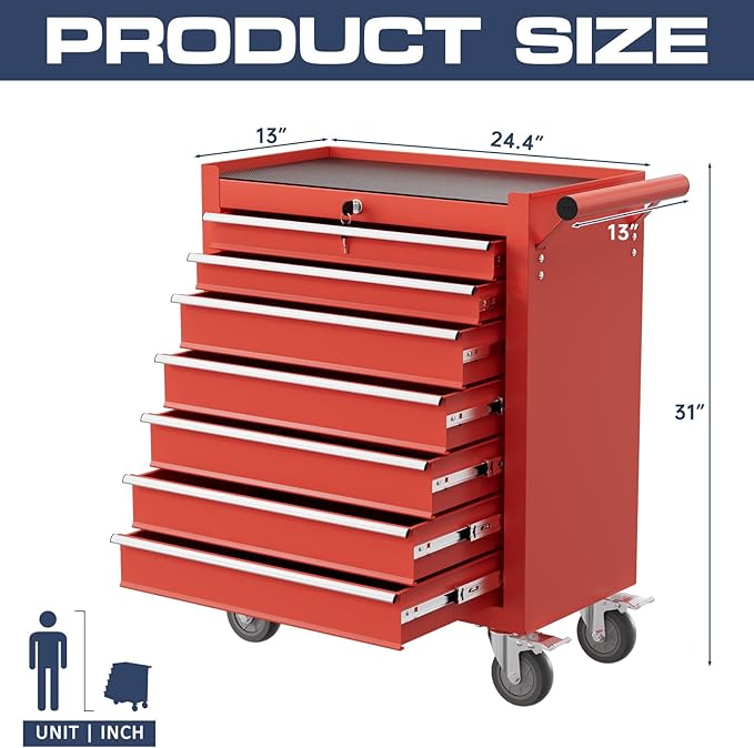 7-Drawer Tool Chest,Rolling Tool Cart with Wheels,High Capacity Tool Cabinet with Locking System for Garage, Warehouse, Workshop-Red