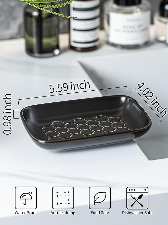 Gomakren Soap Dish for Shower, Bar Soap Holder, Ceramic Soap Dishes for Bar Soap, Christmas Sponge Holder Soap Saver Soap Tray for Bathroom Kitchen Sink, 5.5 Inch, Black