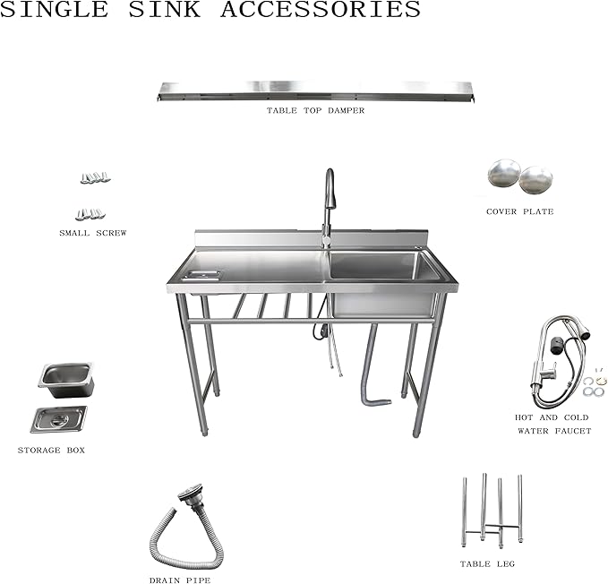 304 Stainless Steel Utility Sink with Faucet – Free Standing Single Bowl Left Kitchen Sink with Workbench & Small storage box, Hot/Cold Water Pipes for Laundry, Farmhouse & Outdoor Use 39“