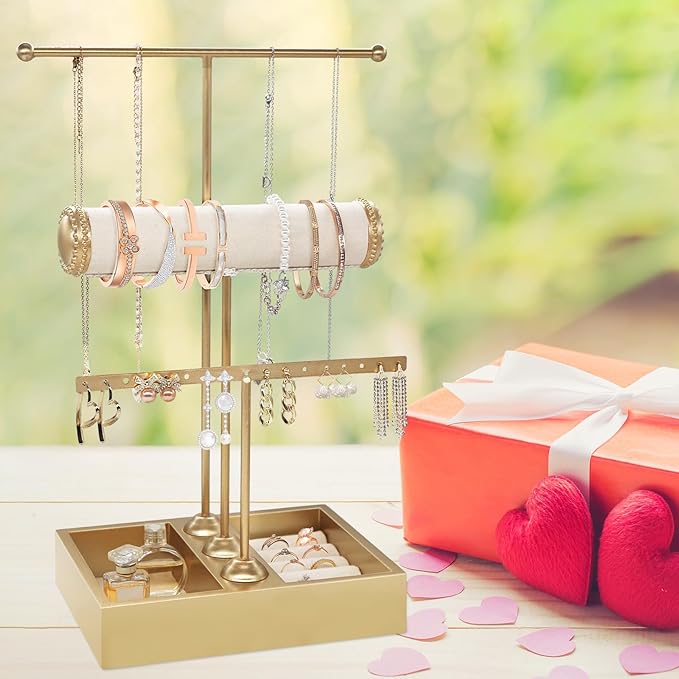 Jewelry Organizer Stand Necklace Organizer Earring Holder,3-Tier Gold Jewelry Tower Display Stand Jewelry Earring Holder Organizer Display for Necklace, Earring, Bracelet, Ring