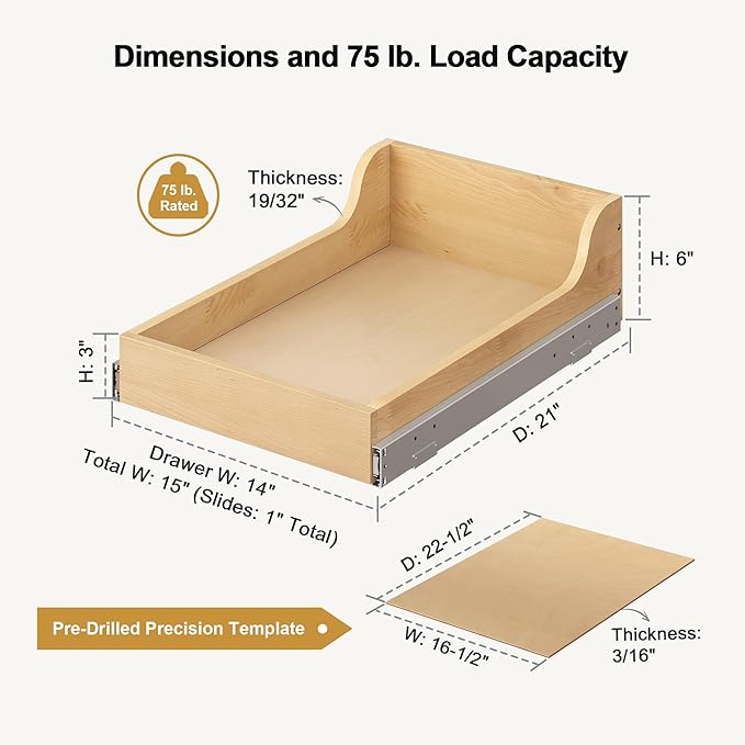 ALINE FURNITURE Birch Pull Out Drawers for Cabinets, 15" W x 21" D x 6" H Soft-Close Slide Out Drawer for Kitchen Cabinets, Pull Out Shelves, Pantry Cabinet Organizer, with Pre-Drilled Wood Template