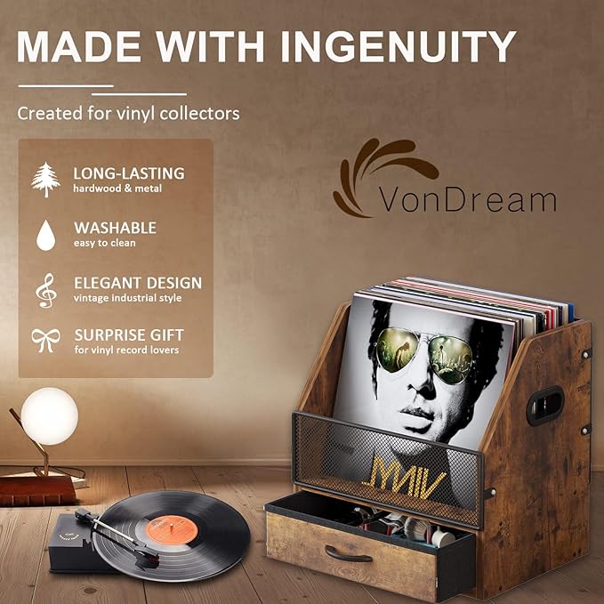 Vinyl Record Storage Crate with Fabric Drawer, Wooden LP Album Storage Holder for 12" Vinyls, All-in-One Organizer Holds 60 LPs