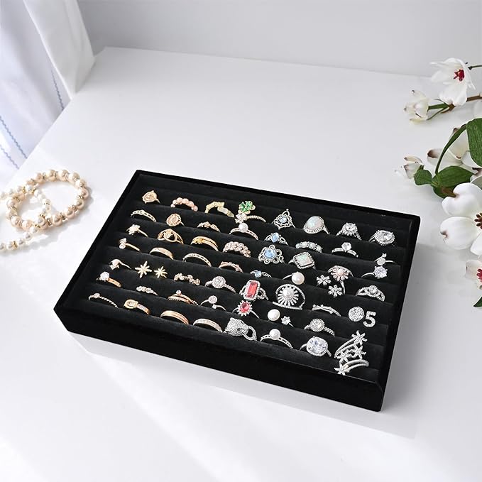 MOOCA 2 Pcs Set Ring Tray Display, Ring Showcase Display Jewelry Organizer Stand, Jewelry Holder for Showcase for Home Trade Show, Black Velvet