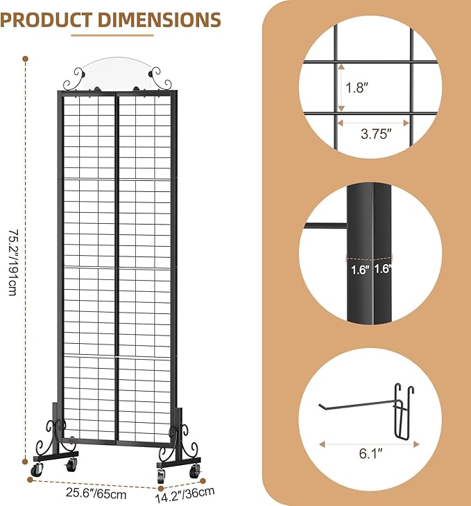 Urban Deco Grid Wall Panel Display Stand, 2.2' x 6.2' FT Gridwall Panel with Extra 8 Hooks, Craft Show Display Rack Black Metal Grids Standing Wire Rack for Retail Merchandise