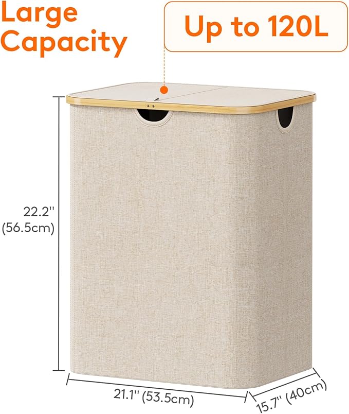 Lifewit 120L Large Laundry Hamper with Lid, Foldable 2 Section Laundry Basket with Bamboo Handles and Removable Bags for Laundry Room, Bathroom, Bedroom, Beige