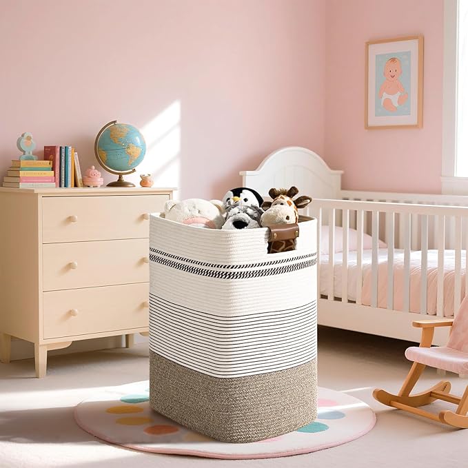 Laundry Hamper, 85L Tall Laundry Basket with Leather Handles, Rectangle Large Clothes Hamper for Organizing, Cotton Woven Laundry Baskets Storage Hampers for Bedroom, Nursery, Living Room