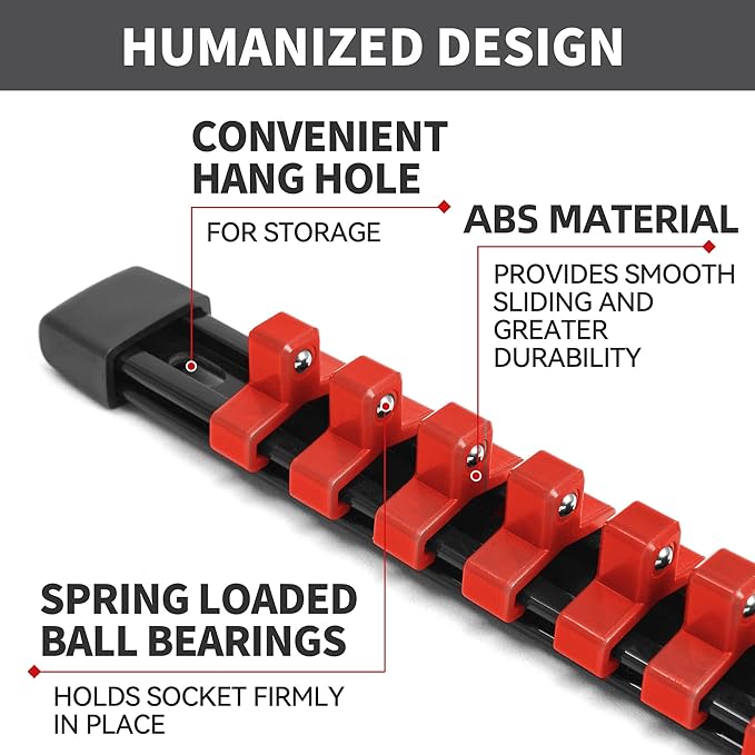 Socket Organizer Drive ABS Tools - Red Socket Holder, Premium Quality 12 Pieces Socket Holders Kit 1/4-Inch x 64 Clips, 3/8-Inch x 60 Clips, 1/2-Inch x 48 Clips（12PC,Red)