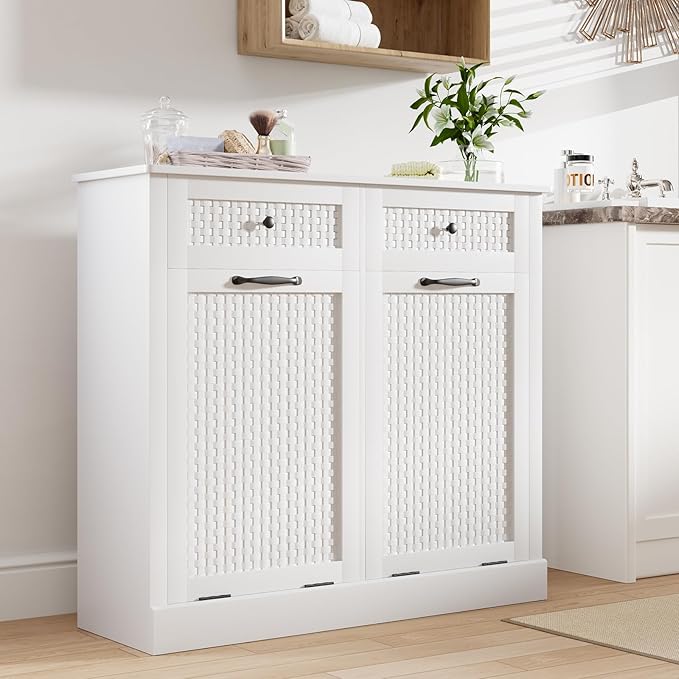 Double Tilt Out Laundry Hamper Cabinet,10 Gallon Laundry Cabinet with Drawers ＆ 2 Hidden Baskets, Farmhouse Storage Basket for Laundry Room, Bathroom, Kitchen, Wood, White