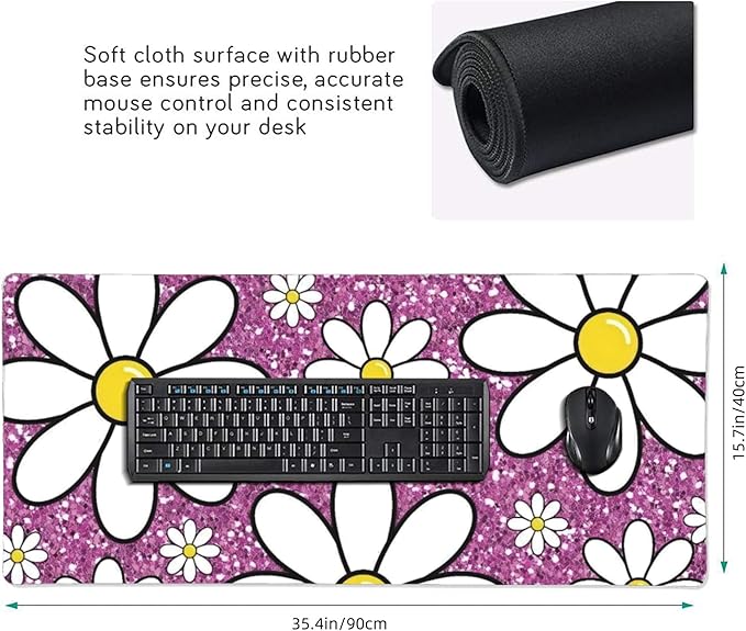 Purple Sparkling Daisy Large Mouse Pad, Flowers Gaming Desk Mat, XXL Keyboard Desk Pad Mat for Desktop, 35.4"x15.7" Non-Slip Base Big Mousepad with Stitched Edges