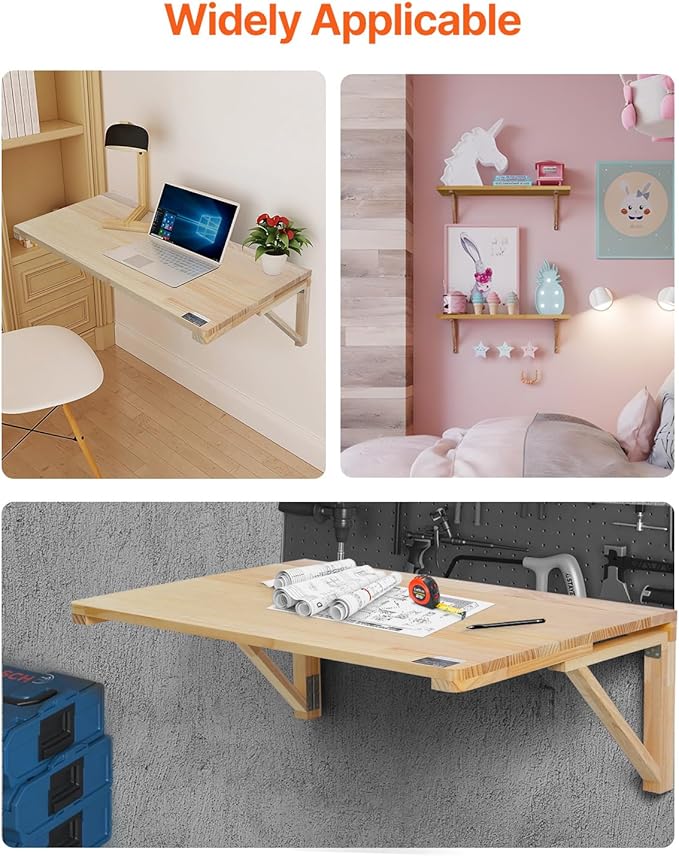 VEVOR Wall-Mounted Folding Table, 31.5 x 23.62 inch, Wooden Drop Leaf Floating Desk with Iron Bracket for Small Spaces, Home Office, Dining, Laundry Room, Kitchen, Bar