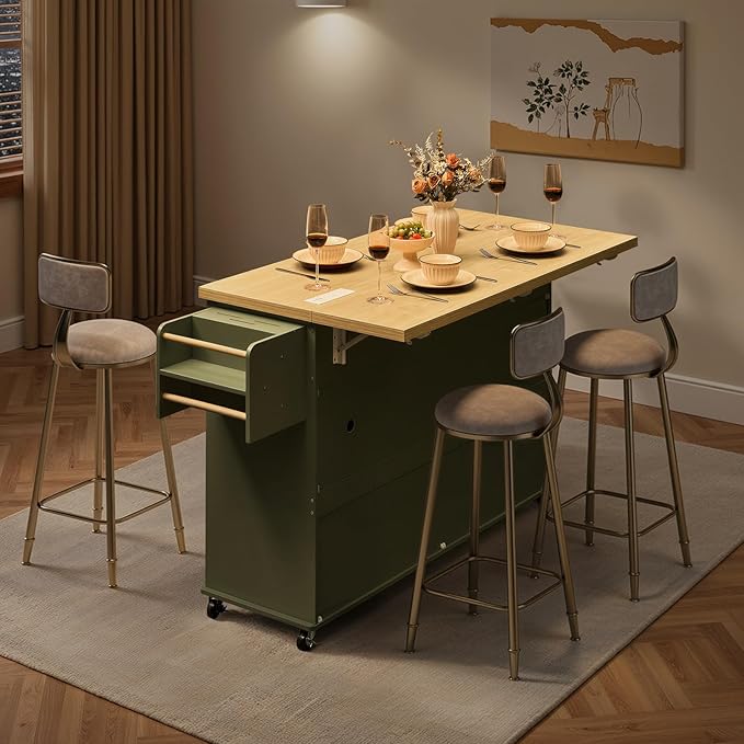 60.2" Kitchen Islands with Storage, Kitchen Island Cart with Trash Can Storage Cabinet, Rolling Kitchen Island Table with Drop Leaf & Power Outlet & Spice Rack & Towel Rack & Knife Holder, Green