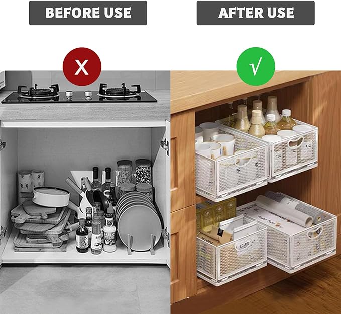 Sliding Cabinet Basket Organizer Drawer Self Adhesive Slide out Pantry Shelves Heavy Duty Carbon Steel Slide Cabinet Storage Basket with Handle for Bathroom Kitchen Home
