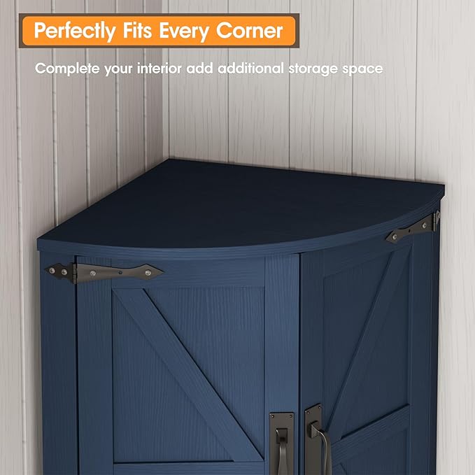 Vabches 64.8" Tall Farmhouse Corner Cabinet with 4 Doors and 5 Storage Shelves, Farmhouse Storage Cabinet with Barn Door Design, Home Space Saver for Living Room, Kitchen, Laundry Room,Blue