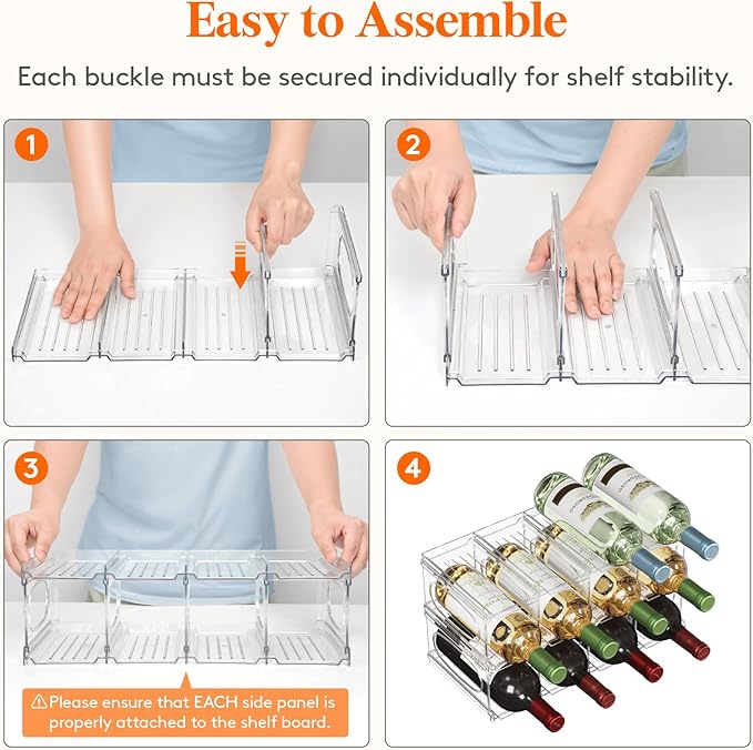 Lifewit Wine Rack for Fridge, Stackable Wine Bottle Holder with Sturdy Support Insert & Reinforced Design, Plastic Bottle Organizer for Refrigerator, Cabinet & Pantry, Clear, Holds 12 Bottles