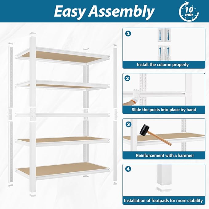 PrimeZone 28" W x 12" D x 59" H Closet Storage Shelves - 5 Tier White Metal Connector Shelving, Adjustable Heavy Duty Garage Shelves, Utility Rack Organizer Shelf for Kitchen Pantry Closet, 4 PCS