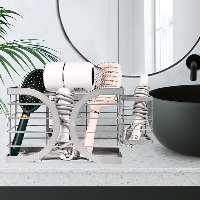 Elegant Light Gray Wall Mounted Hair Dryer Holder - Stylish Bathroom Organiser for Hair Dryer & Straightener, Hair Brush & Accessories