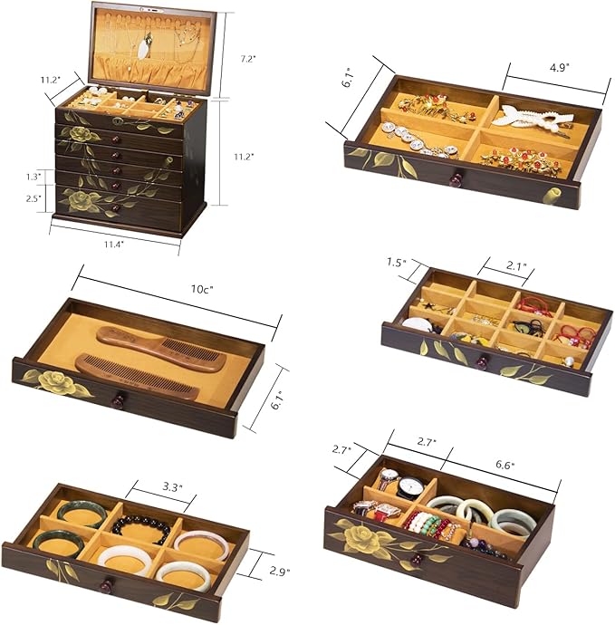 Hand-painted Wooden Jewelry Box, 7 Layer Jewelry Organizer, Vintage Wooden Jewelry Boxes for Women,jewelry holder organizer,5 drawer dresser,necklace organizer box with lock