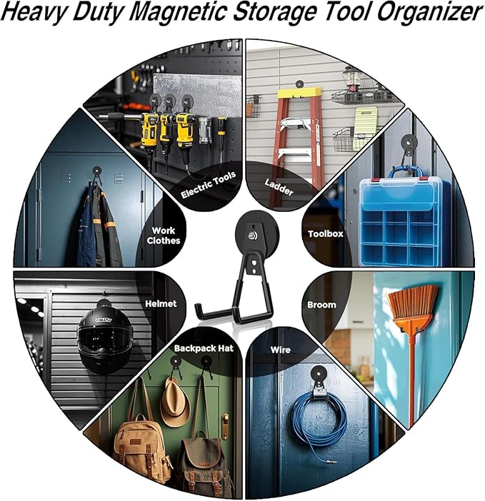8 Pack Heavy Duty Storage Magnetic Utility Hooks Large Garage Strong Extra Magnet Hooks Hanger with Anti-Slip Coating Heavy Duty Magnetic Hooks for Hanging Power Dril Garage Garden Tools Black