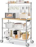 Leteuke Bakers Rack with Power Outlet & Storage, 36 Inch Microwave Stand Kitchen Cart, 4-Tier Metal Kitchen Shelves Cart with Wheels & 20 S-Hooks for Kitchen, NSF Certified, 63 x 18 x 36 Inch-Chrome