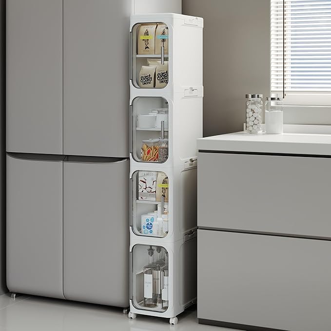 4-Tier Tall Narrow Storage Cabinet, Slim Bathroom Storage Cabinet with Adjustable Shelves and Wheels, Narrow Organizer for Small Space, Bathroom, Kitchen, Laundry
