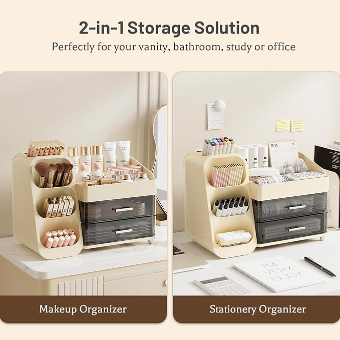 Aveniee Makeup Organizer with Drawers, Large Bathroom Countertop Storage for Vanity, Cosmetic & Skincare Display Case for Brushes, Perfumes, Lipsticks (Cream White)