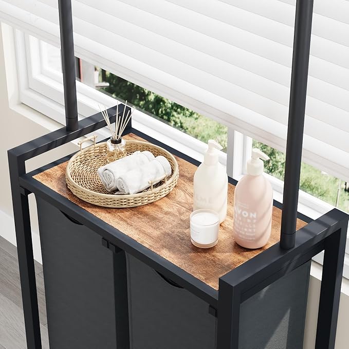 GarveeHome Rolling Laundry Cart with Hanging Rack & Utility Shelf | 2-Section Laundry Sorter Hamper with Lockable Wheels | Laundry Basket Organizer for Laundry Room, Bedroom, Bathroom | Black