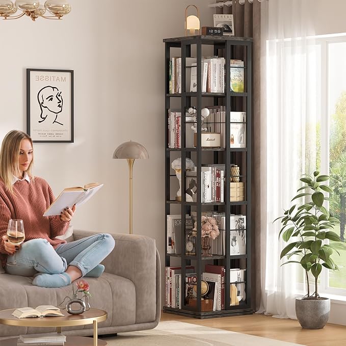 Aheaplus Rotating Bookshelf, Corner Bookcase, 360 Display Wood Spinning Bookshelves, Floor Standing Bookcase Narrow Shelf,5 Tiers, Grey Oak