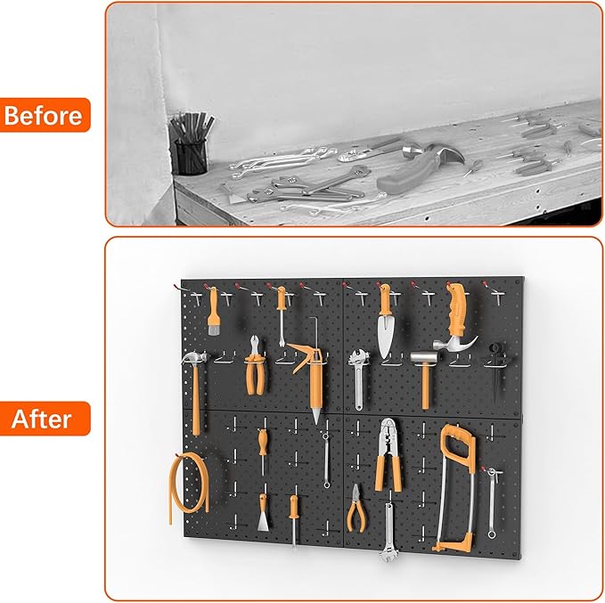 TORACK 4 PCS 12"x16" Metal Pegboard Panels for Garage, Workbench, Shop, Tool Organizer Peg Board with 1/8" & 1/4" Holes, Modular Wall-Mounted Pegboard for Pegboard Hooks (Black)