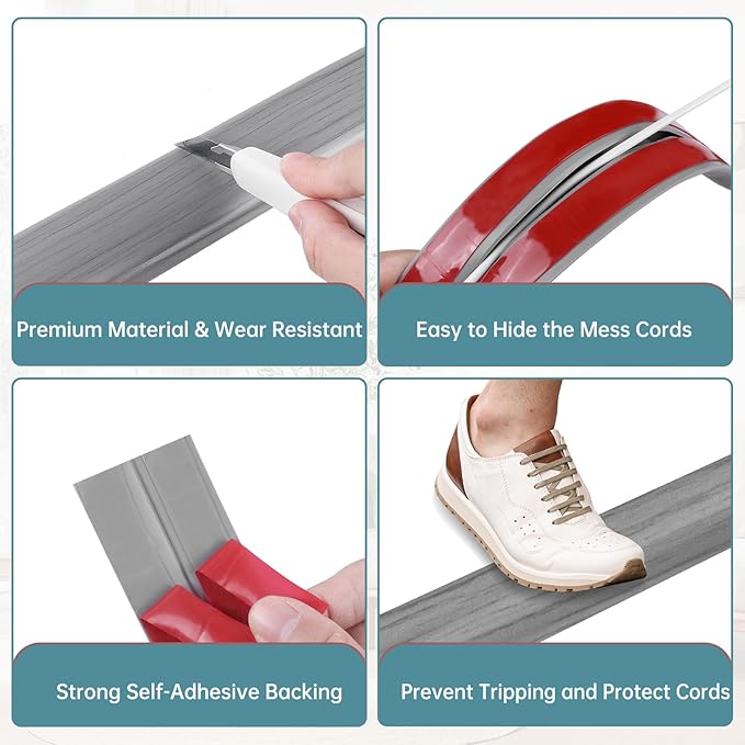 Floor Cord Cover Self Adhesive Cord Hider Floor Extension Cord Covers for Floor Power Cord Protector Cable Management Prevent Cable Trips Cable Cavity 0.51" W x 0.31" H (Light Grey Wood, 20Ft)