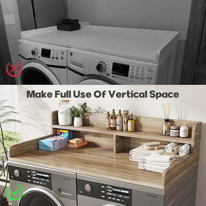 2-Tier Washer and Dryer Countertop with 2.75" H Guard,54" W x 27.5" D Laundry Countertop Cover with Non-Slip Pad,Large Space Laundry Topper for Folding Clothes Over Washer and Dryer-White Oak