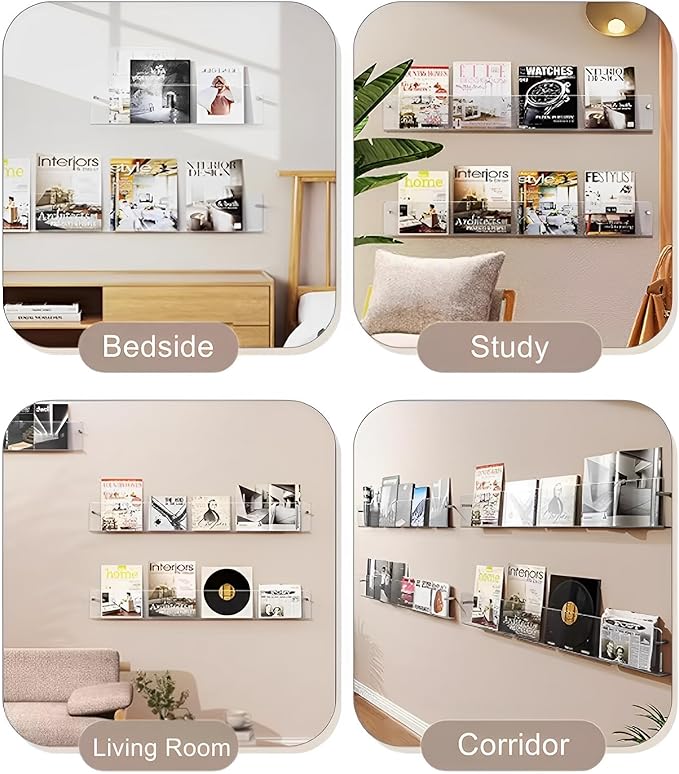 4-Pack 17" Acrylic Magazine Holder Vinyl Records Holder, Display Floating Bookshelves Wall Mounted, Hanging Nursery Book Shelves for Waiting Room, Living Room, Office