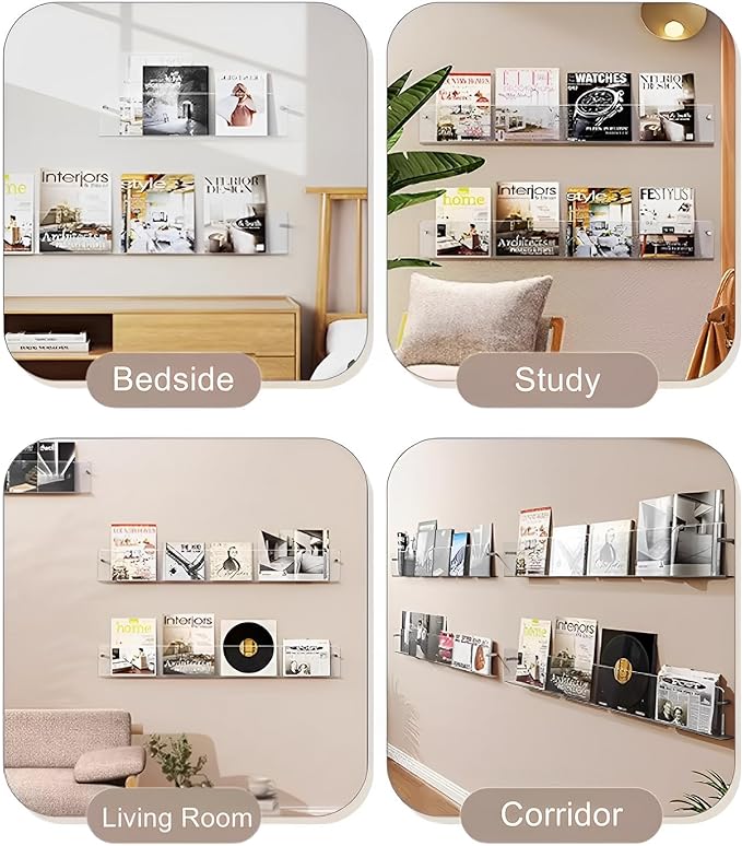 4-Pack 24" Acrylic Magazine Holder Vinyl Records Holder, Display Floating Bookshelves Wall Mounted, Hanging Nursery Book Shelves for Waiting Room, Living Room, Office