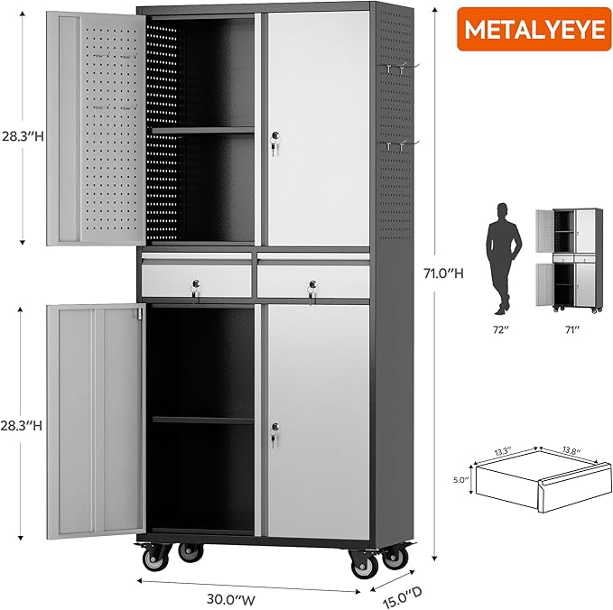 71''H Metal Storage Cabinet with Wheels & Pegboard,Rolling Lockable Tool Cabinet with Adjustable Shelves & 2 Drawer for Garage,Offices,Homes,Pantries Assembly Required