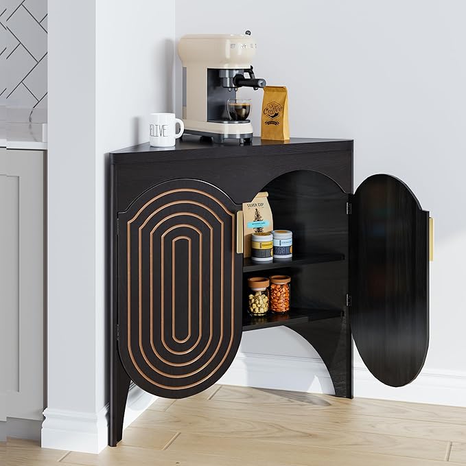 Small Corner Storage Cabinet, Mid Century Modern Floor Corner Cabinet with Curved Doors and Adjustable Shelves，Freestanding Narrow Storage Organizer for Bathroom, Living Room (Black)