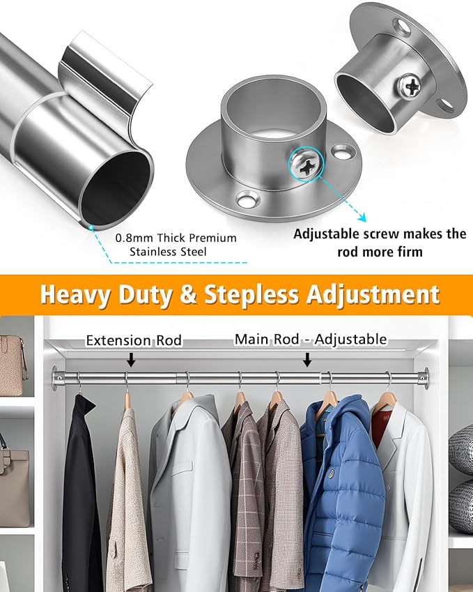Closet Rods for Hanging Clothes, 17-52 Inch Heavy Duty and Stepless Adjustable Closet Poles, Stainless Steel Closet Hanging Rod for Closet, Wardrobes, Laundry Room, Bathroom, RV (Silver)