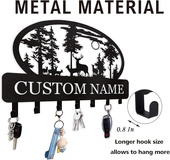 Personalized Key Holder for Wall, Custom Metal Deer Cabin Key Hooks with Name, Metal Key Holder Hooks Organizer Rack, Key Hanger Decor for Kitchen, Entryway, Hallway, Office, Doorway