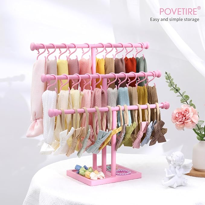 POVETIRE Headband Holder Stand Storage for Baby, 3 Tier Wooden Bow Organizer for Girls Hair Bows, Infant Hair Accessories Rack Display for Nursery Decor
