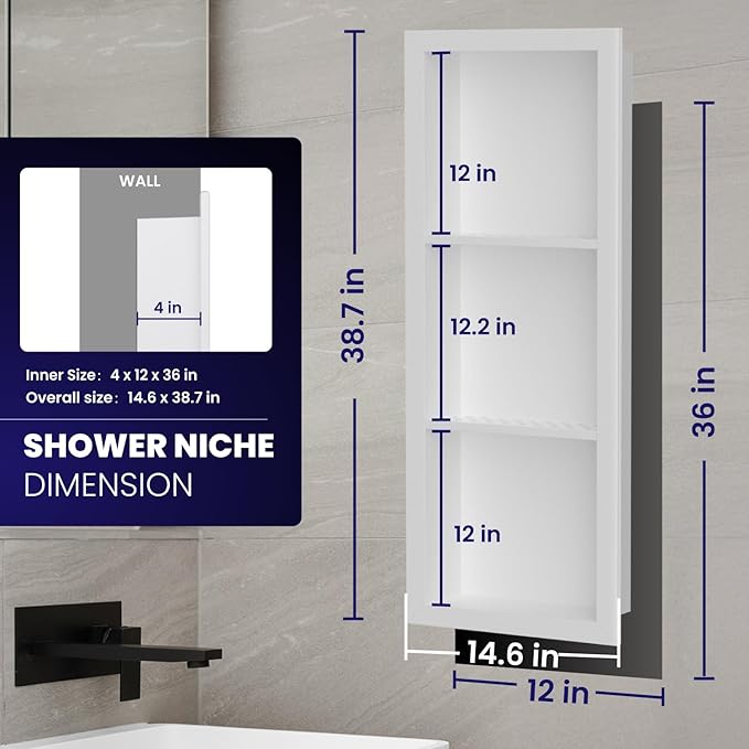 12" x 36" Stainless Steel Shower Niche, 3-Tier Waterproof Shelves, No-Tile Needed Bathroom Organizer, Rustproof Wall Shelf for Shampoo, Soap & Toiletries, White