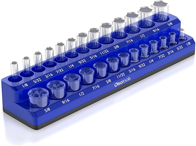 Olsa Tools Magnetic Socket Organizer | 1/4-inch drive | SAE BLUE | Holds 26 Sockets | Professional Quality Tools Organizer