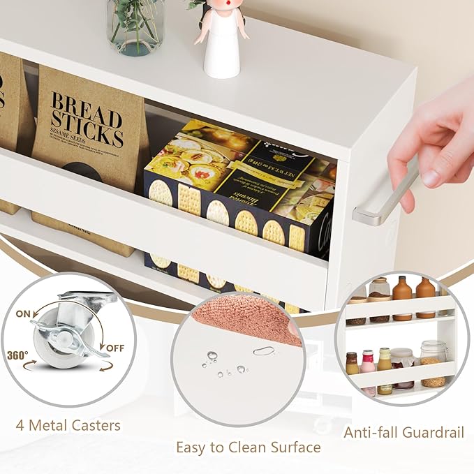 Slim Rolling Storage Cart, 4 Tier Narrow Kitchen Cart with Wheels, Between Washer and Dryer Cart, Wood Shelving Unit Organizer w/Handle for Small Spaces (White, 5-Inch)