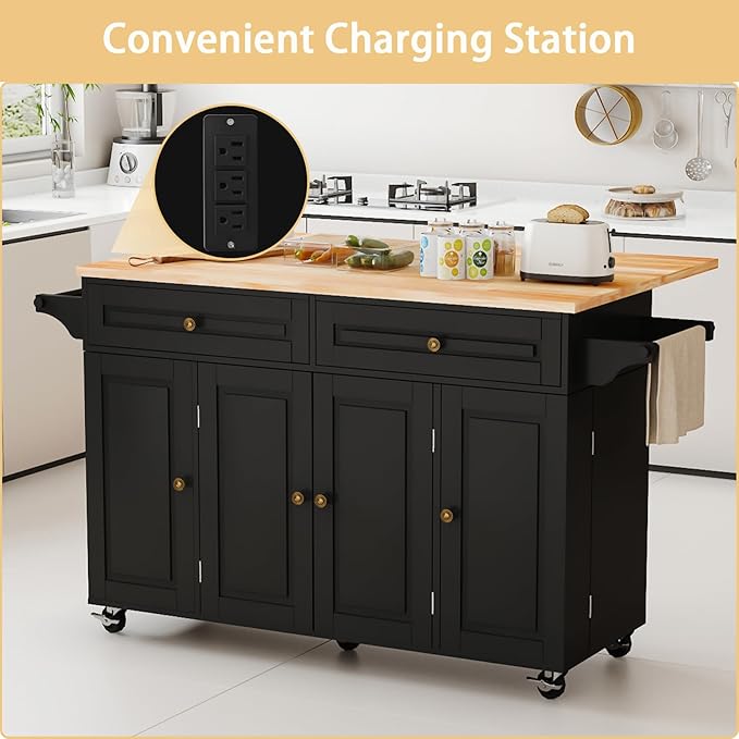 59’’ Rolling Kitchen Island Cart with Drop Leaf and Power Outlet, Movable Kitchen Islands with 3-Tier Door Storage Shelf, Island Table on Wheels, 2 Large Drawers, Towel Racks, Black