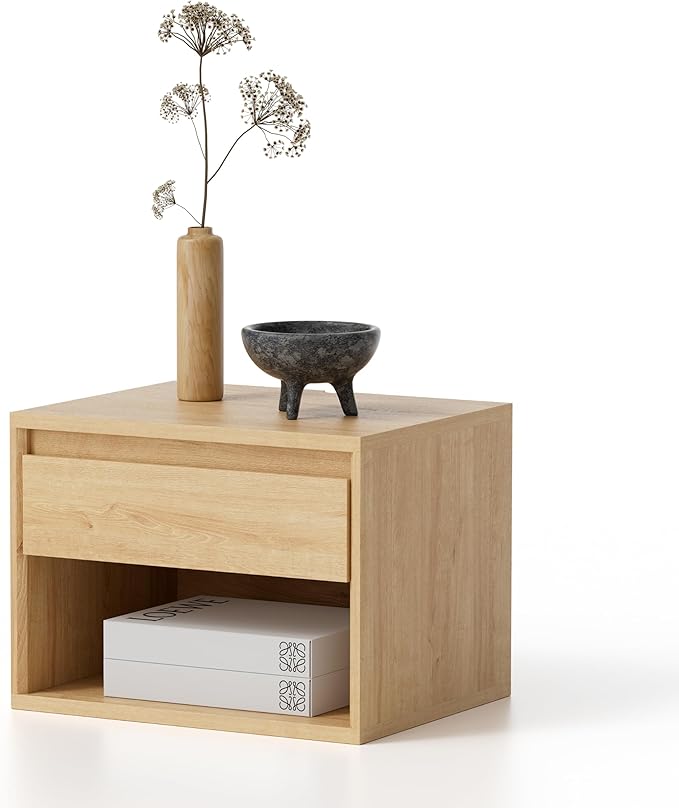 Floating Nightstand, Wall Mounted Bedside Table with Storage Drawer and Open Shelf, Modern Night Stand with Handless Design for Living Room, Bedroom, Dorm, Natural Oak